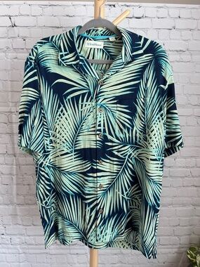 Caribbean Navy and Light Green Tropical Palm Short Sleeve Button Down